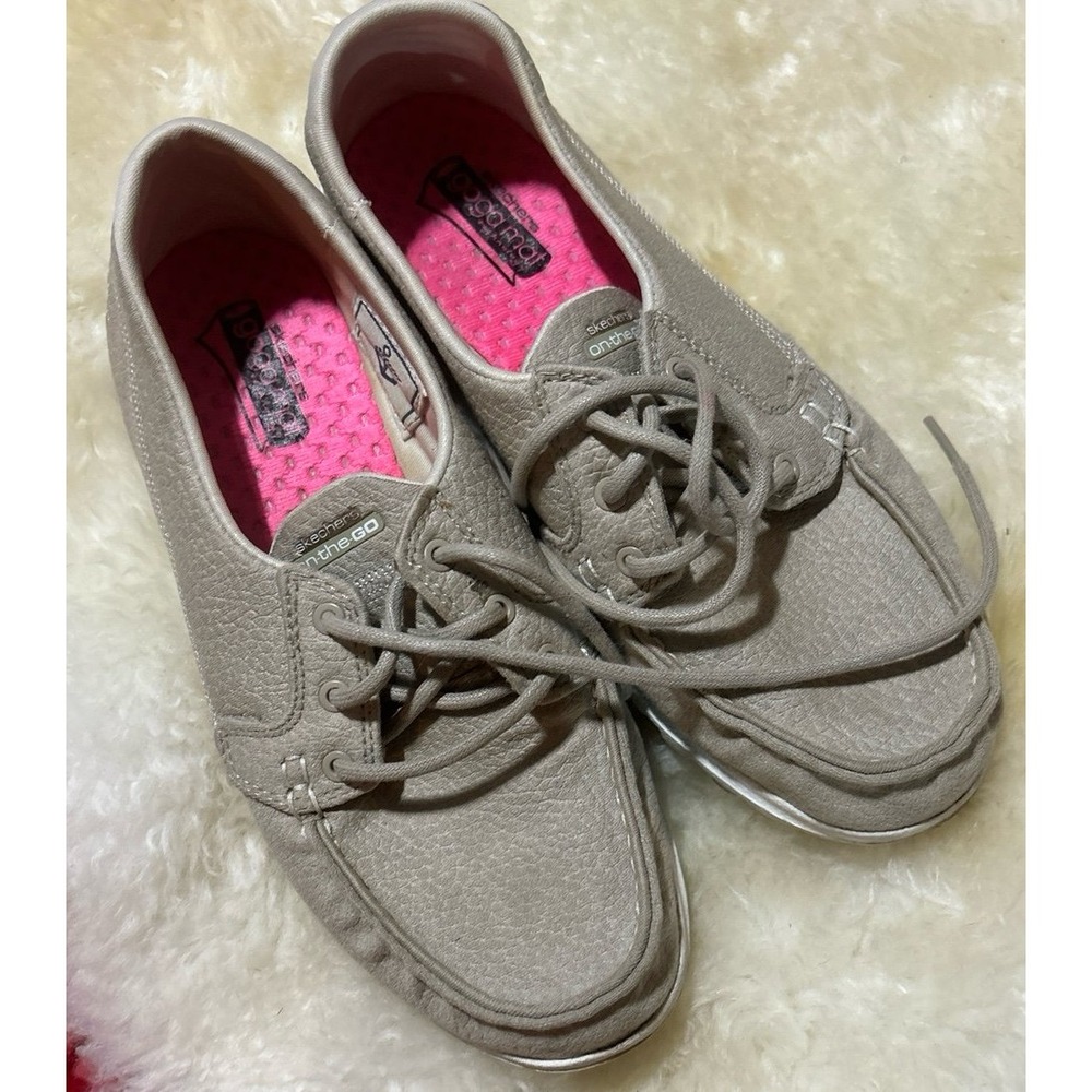 Skechers On the Go Beige Lace Up Casual Deck Loafers Boat Shoes, 7.5‎